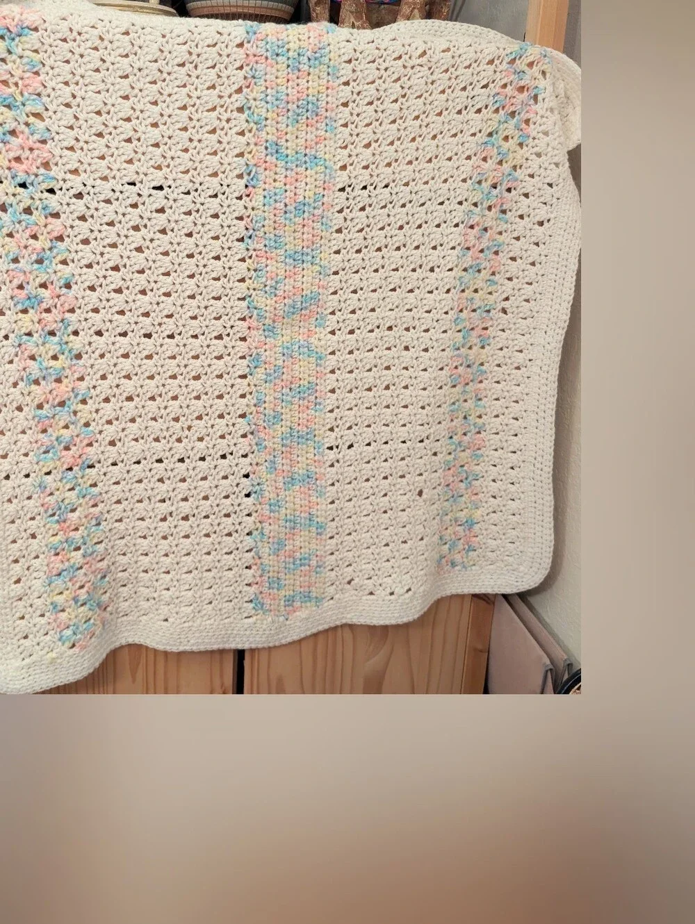 Handmade White Crochet Blanket / Knitted Throw Blanket with Pastel Stripes 36x36
